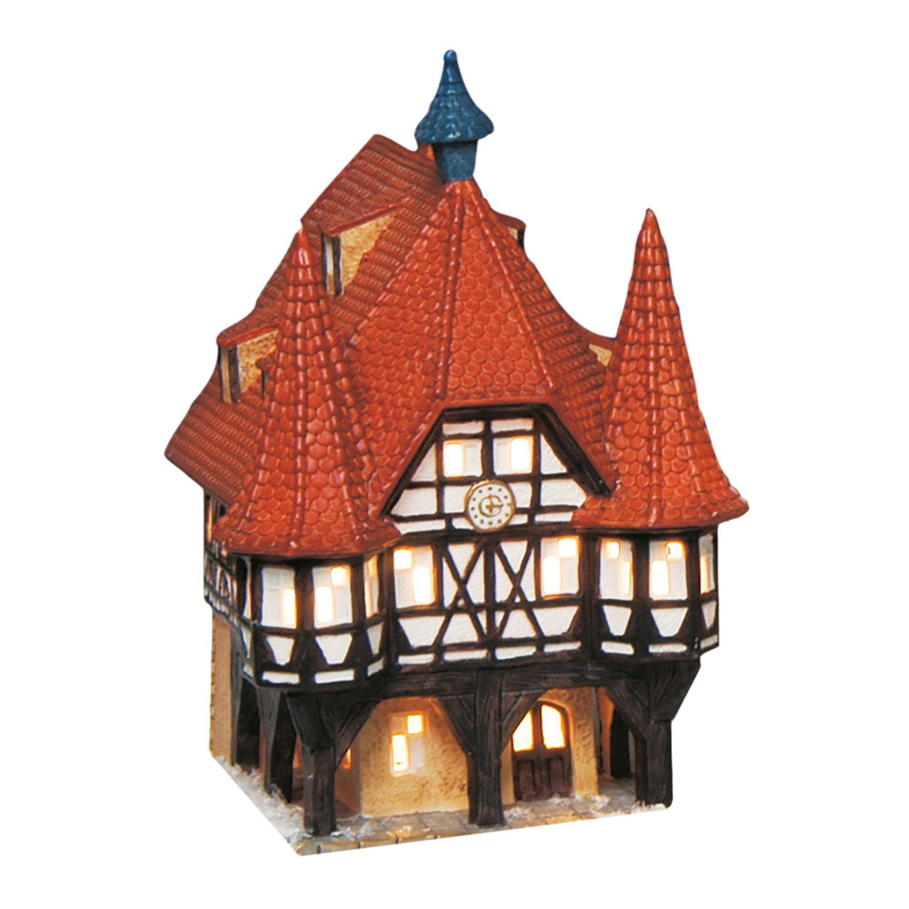 Wurm Lichthaus Rathaus Michelstadt aus Porzellan, Rot/Braun (B/H/T) 14x13x19cm Miniaturhaus, Stufendach, Rotes Dach, Fachwerk, beleuchtetes Haus