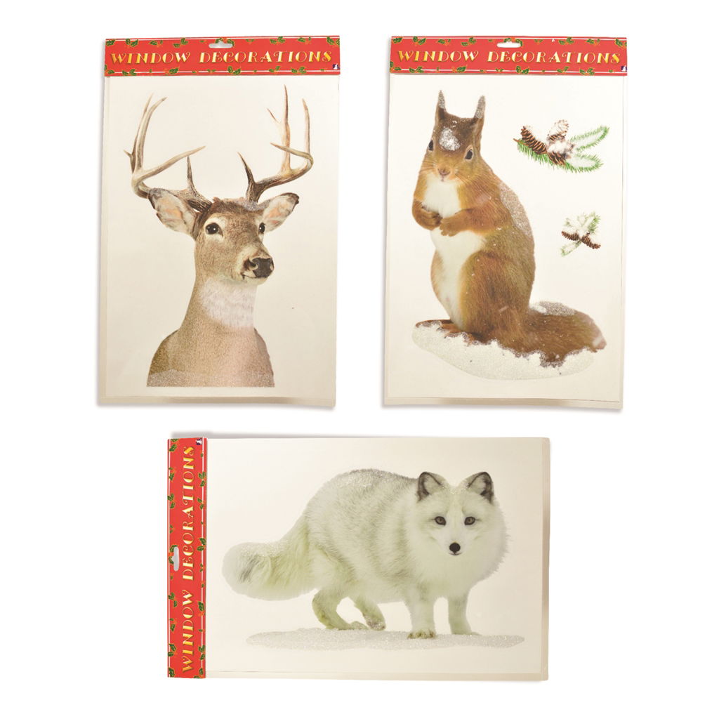 Imágenes de ventana de animales del bosque con purpurina de nieve. 3 tarjetas con motivos surtidos.  30x40 cm. 1 tarjeta. Hirsch, Wildtiere, Hund, Antilope, Ratte