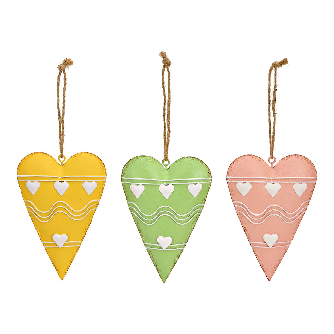 Metal heart hanger, 3-fold, yellow/green/pink (W/H/D) 8x12x2cm
