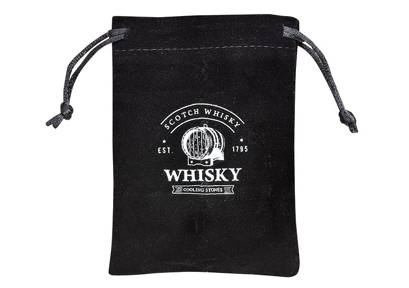 Whisky Stein Set, Eiswüfel aus Basalt Stein, 2cm, 8 Würfel mit 4 Gläser 9x8x9cm, 300ml, in Holzbox 21,5x10x30,7cm
