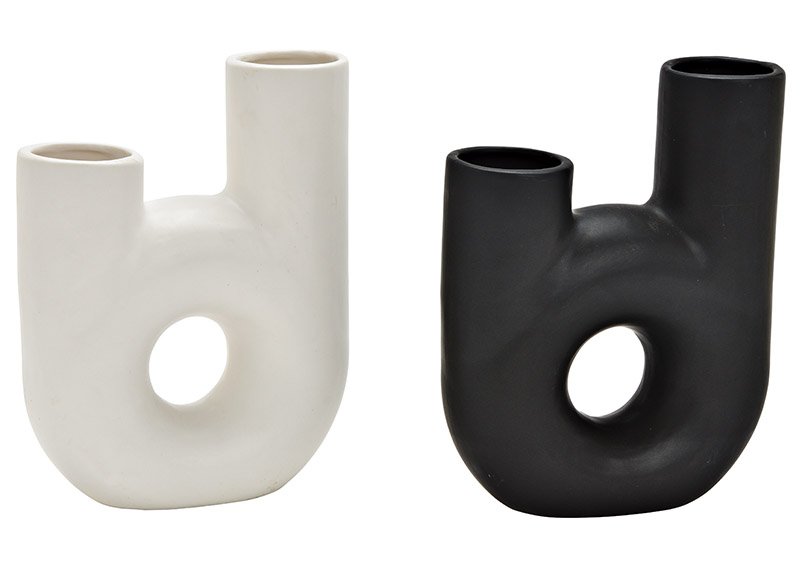 Jarrón de cerámica negro, blanco de 2 pliegues, (A/H/D) 15x20x5cm