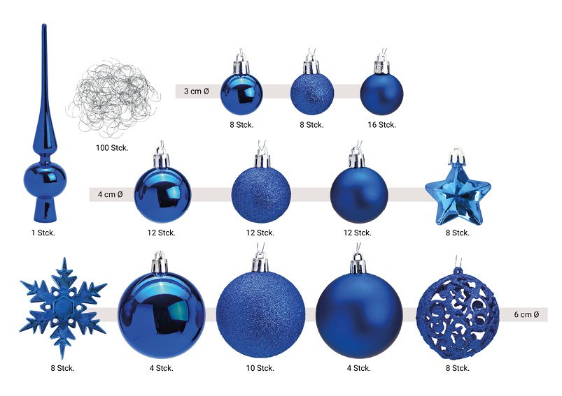 Juego de bolas de Navidad de plástico azul 111 piezas, (c/h/d) 36x23x12cm Ø3/4/6cm