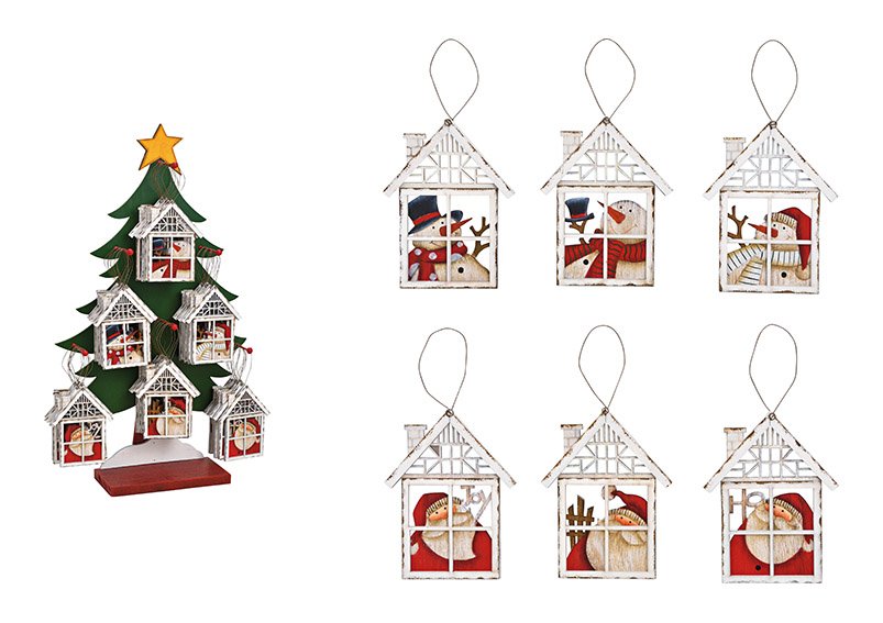 Kersthanger huis, sneeuwpop kerstman decoratie van hout wit 6-voudig (w/h/d) 10x13x0,5 cm 48 st. op display boom 33x59x11cm