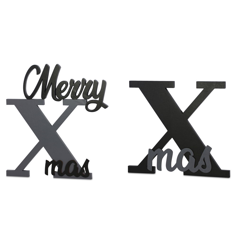 Schrift XMAS / Merry XMAS mit 2 Klebepunkten, Holz, 25x0,7x22/24,5x0,7x26,5cm, 1 St./ Btl, schwarz-grau