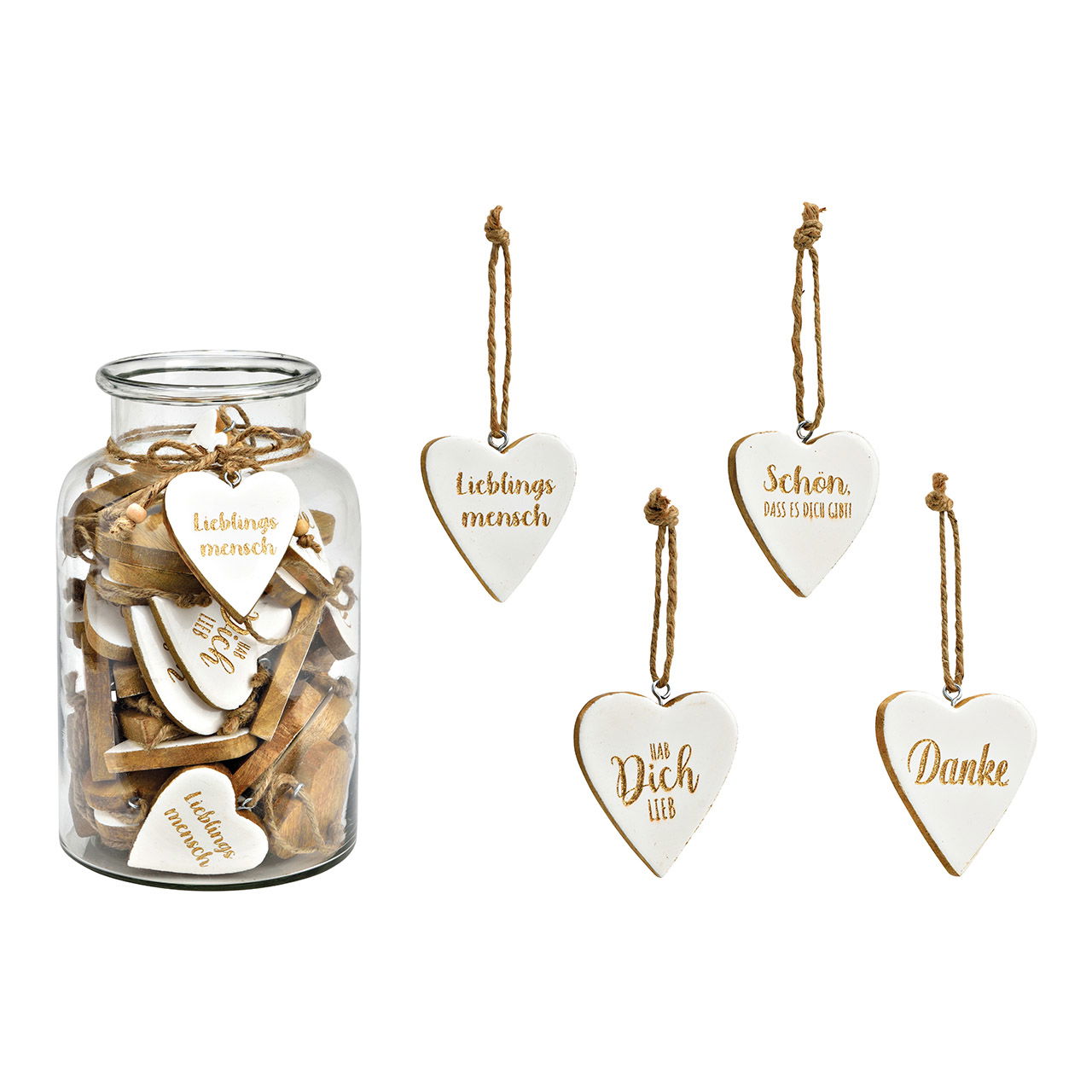Hanger heart with lettering made of mango wood white 4-fold, (W/H/D) 7x8x1cm, 60 pieces in a jar Hanger heart with lettering made of mango wood white 4-fold, (W/H/D) 7x8x1cm, 60 pieces in a jar