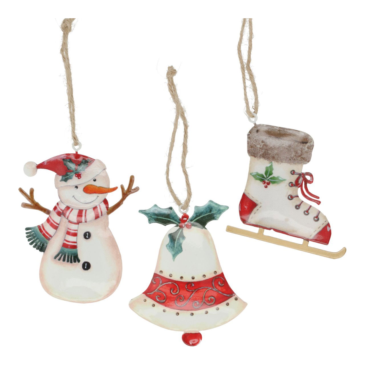 Suspension bonhomme de neige/patin à glace/cloche en métal beige 3 fois assorti (L/H/P) 8x8x1cm Natur, Im Freien, Winter, Schnee