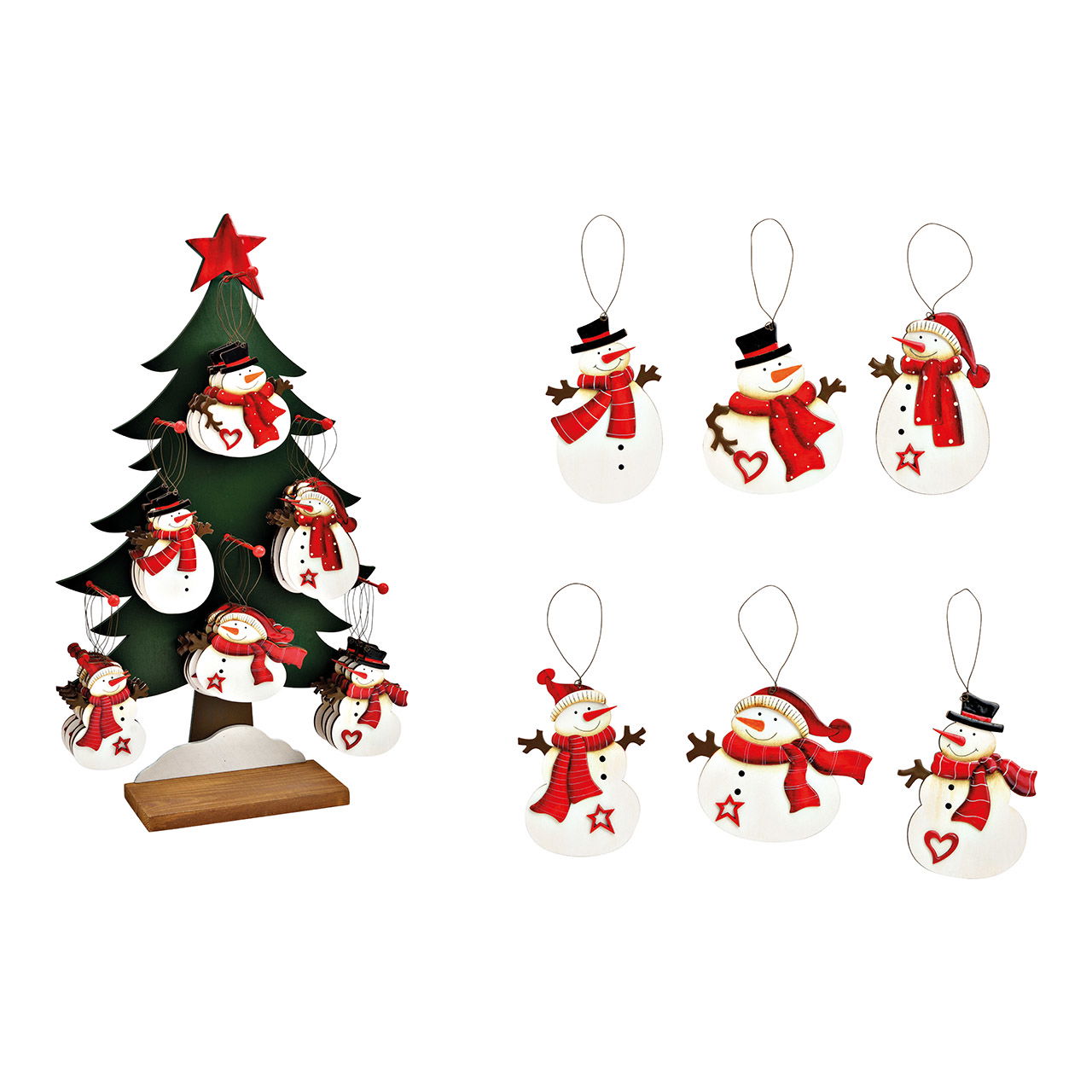 Pendentif de Noël Bonhomme de neige en bois sur pied d'arbre, 6 fois, rouge/blanc/vert (L/H/P) 10x11x0,5cm/34x59x12cm