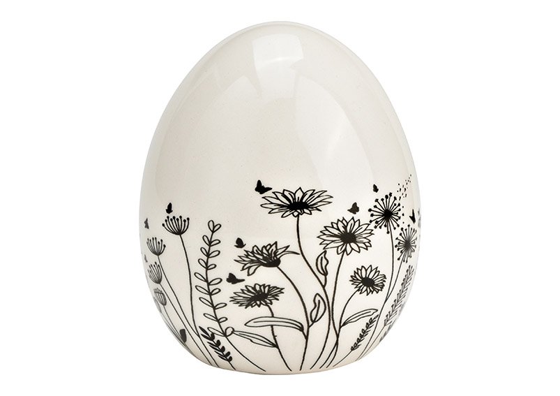 Easter egg with flowers meadows decor ceramic black, white (W/H/D) 6x8x6cm