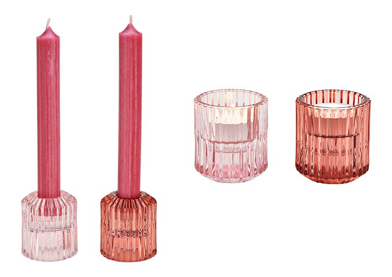 Bougeoir, chandelier double en verre rose/rose 2 fois, (L/H/P) 5x6x5cm