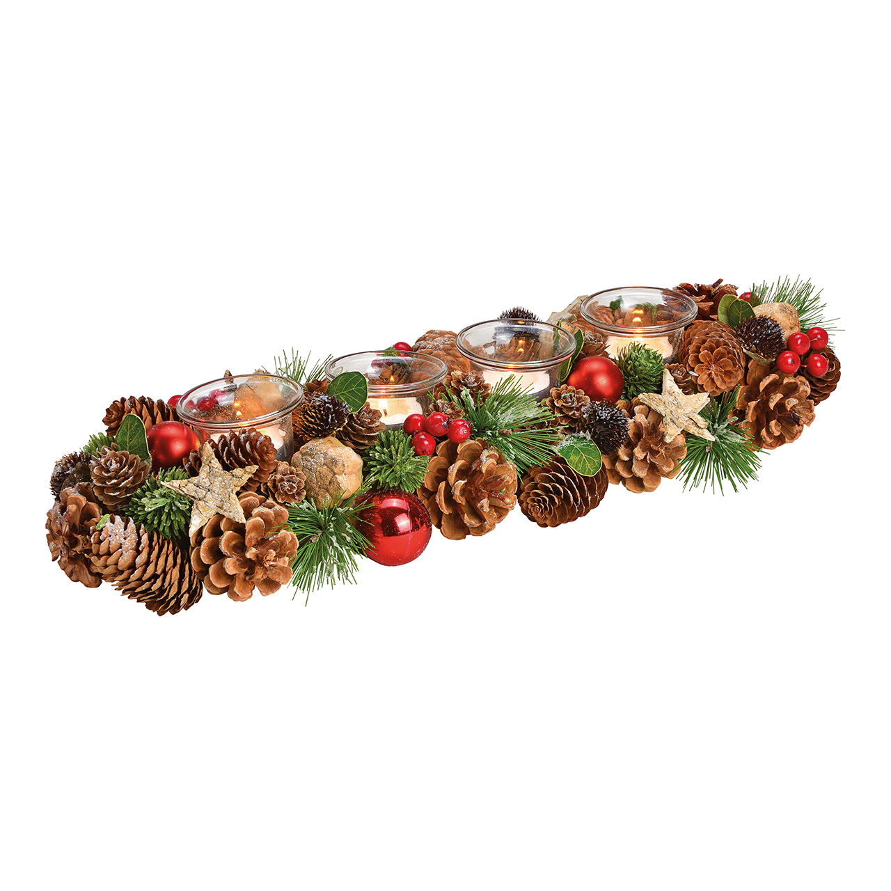 Adventsarrangement, waxinelichthouder kerstmotief van hout, glas groen/bruin/rood (B/H/D) 42x10x12cm