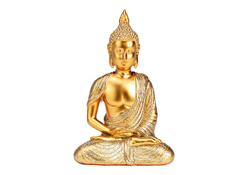 Buddha con glitter in poli-oro (L/H/D) 9x13x7cm