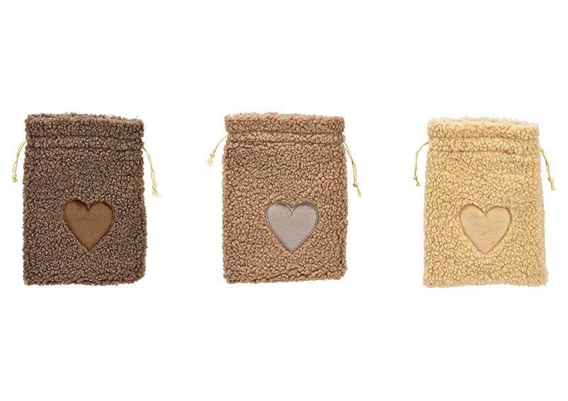 Bag heart decor from textile, light brown, brown, beige 3-fold, (W/H/D) 15x20x1cm