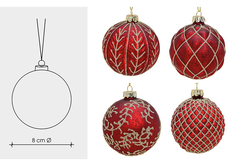 Weihnachtskugeln, rotes Glas, goldene Verzierungen, Glitzerornamente, 8 cm