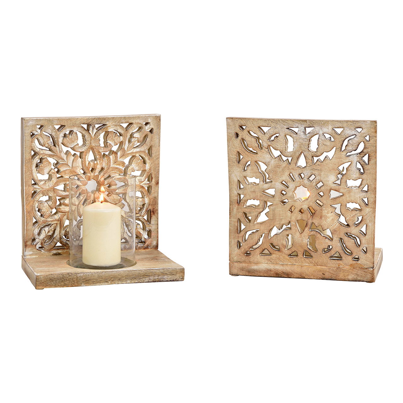 Windlicht Blumen Dekor aus Mangoholz, Glas Natur (B/H/T) 25x27x16cm Windlicht Blumen Dekor aus Mangoholz, Glas Natur (B/H/T) 25x27x16cm