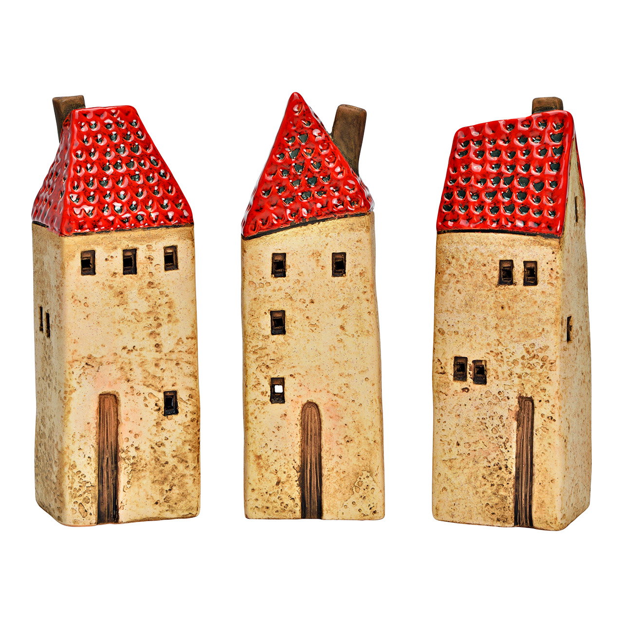 Miniature Häuser, Keramische Figur, Rotes Dach, Dreier-Set, Turmwand