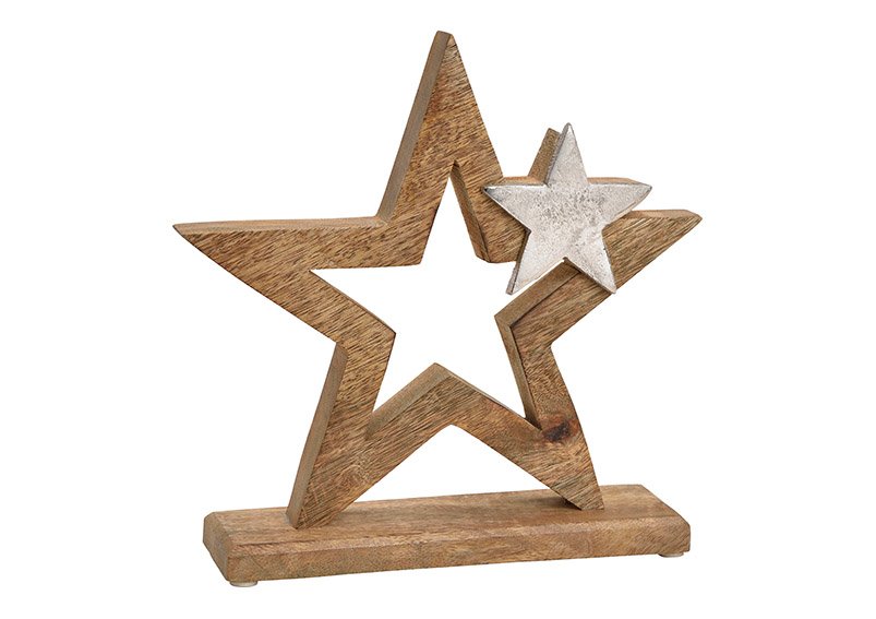 Star with metal star dekor, mango wood, brown, 24x24x6cm