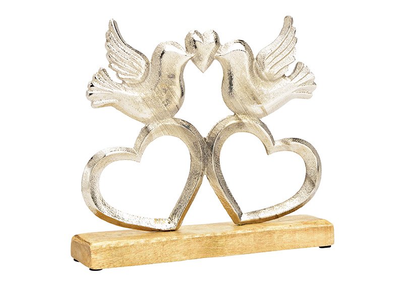 Présentoir oiseau sur cœur, sur socle en bois de manguier, en métal argenté (L/H/P) 25x22x5cm