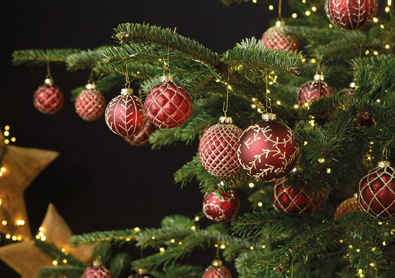 Weihnachtskugel Glitzer aus Glas, Rot-Gold, 4-fach, Ø 6cm