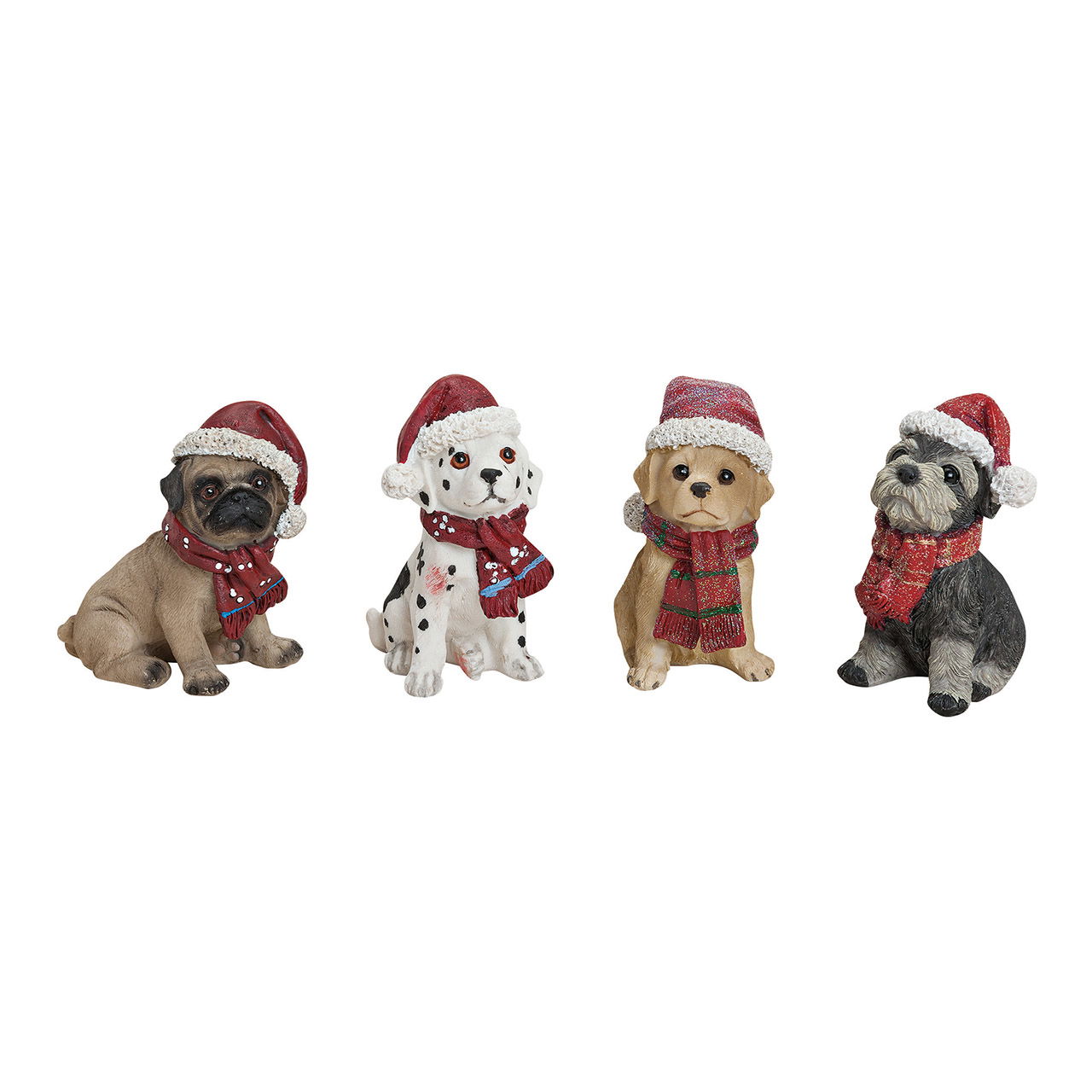 Dog sitting with Christmas hat, 4 assorted (W/H/D) 5x7x9 cm