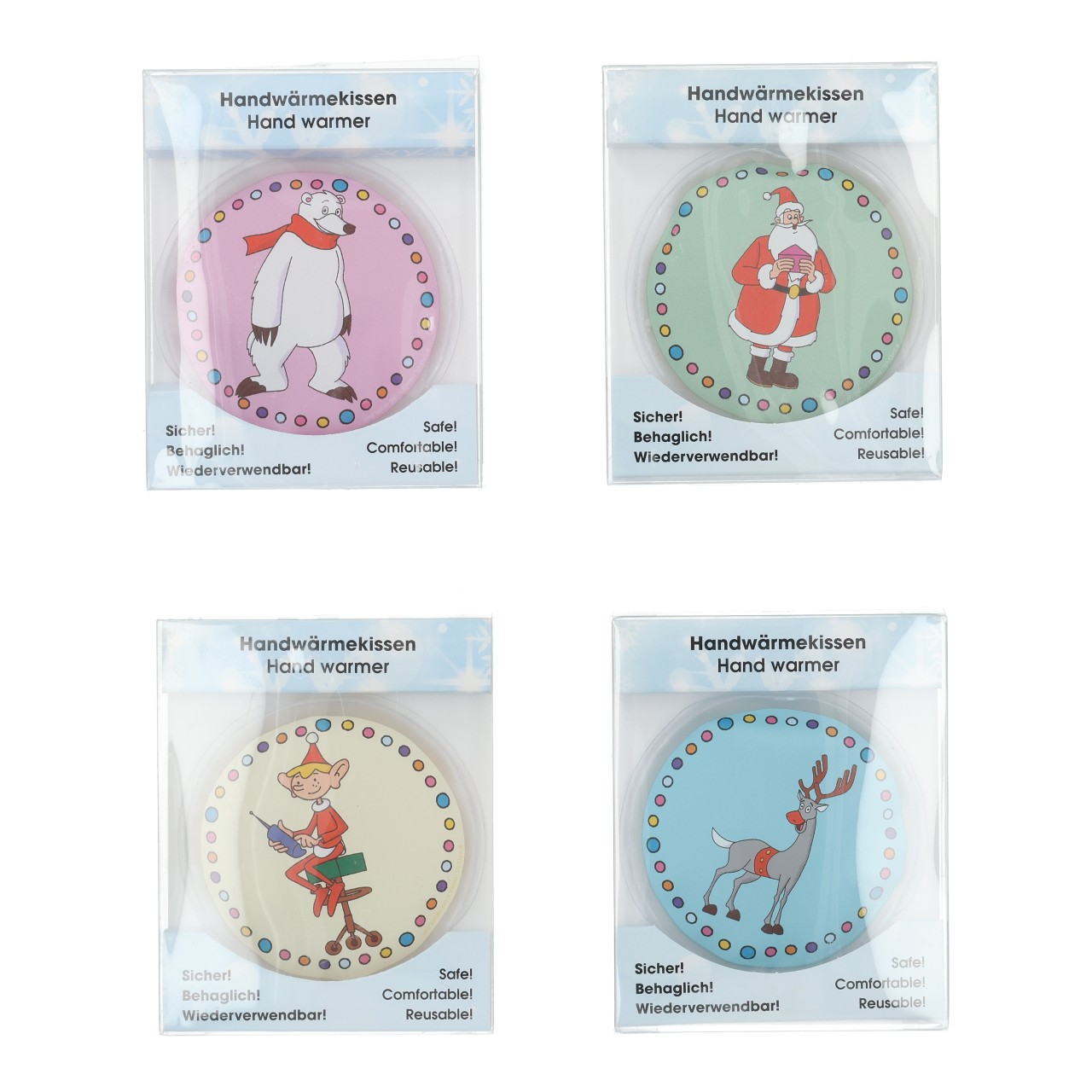 Weihnachtsmann & Co. KG Taschenwärmer Balbo/Weihnachtsmann/Jordi/Rudolph 4-fach im Display aus Kunststoff (B/H/T) 9x9x0,5cm Weihnachtsmotif, Polarfigur, Elch, Rentier, Santa