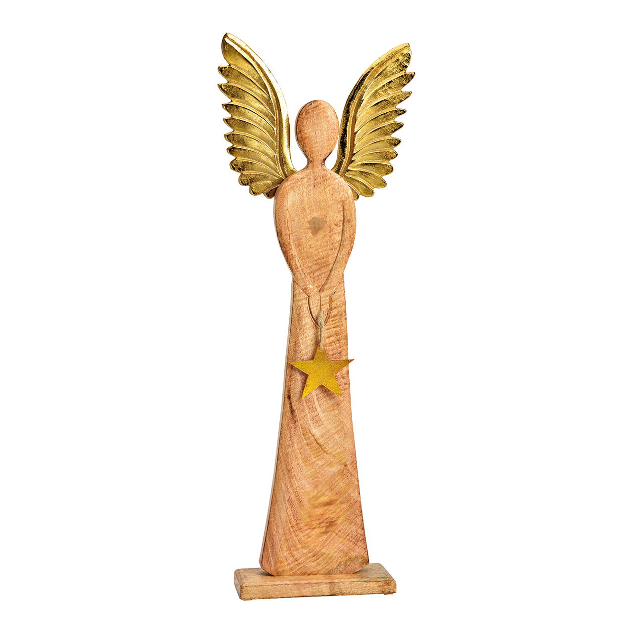 Aufsteller Engel mit Metall Flügeln, Stern Anhänger aus Mangoholz Braun, gold (B/H/T) 23x70x8cm