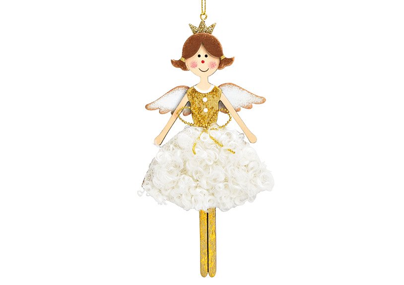 Christmas hanger angel made of wood, textile white, gold (W/H) 8x17cm