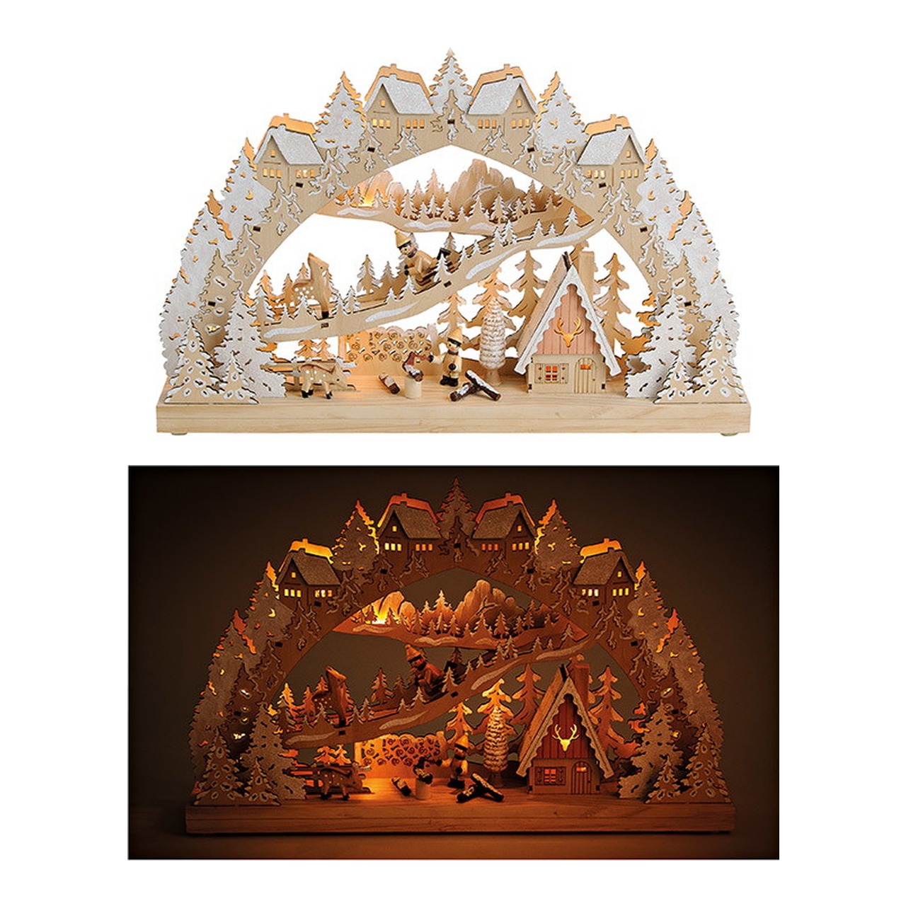 Candle arch children in the winter forest with LED lighting made of wood, beige with glitter (W/H/D) 45x28x8cm Holzschwibbogen, Weihnachtsdekoration, Winterdorf, LED-Beleuchtung, Waldmotiv