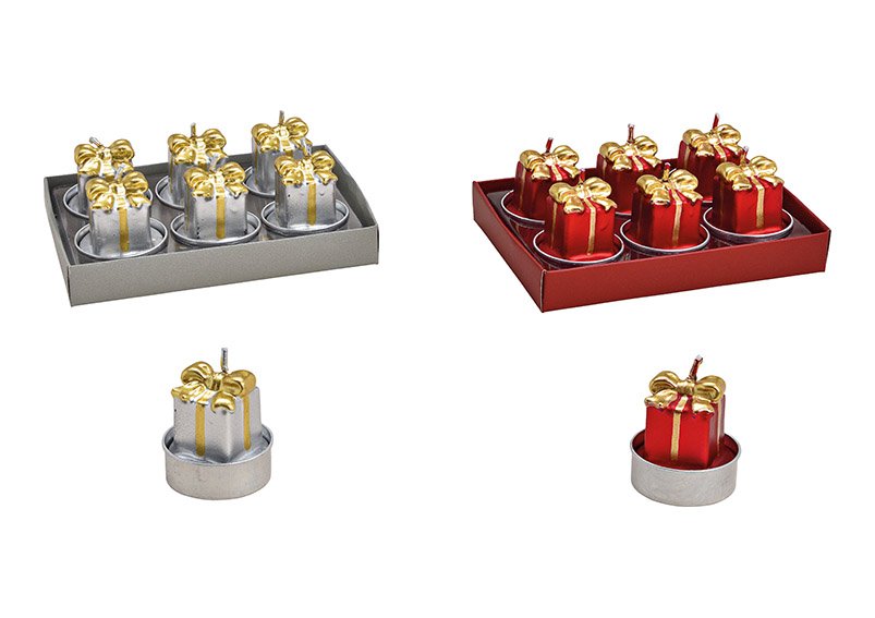 Set de bougies à chauffe-plat Paquets cadeaux 4x4x4cm en cire rouge, argent Set de 6, 2 fois, (L/H/P) 14x5x10cm