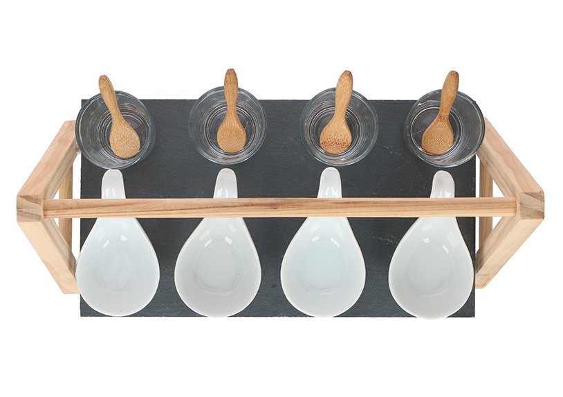 Etagere with plate of slate/wood with appetizer bowls, set of 13, (W/H/D) 32x18x15cm