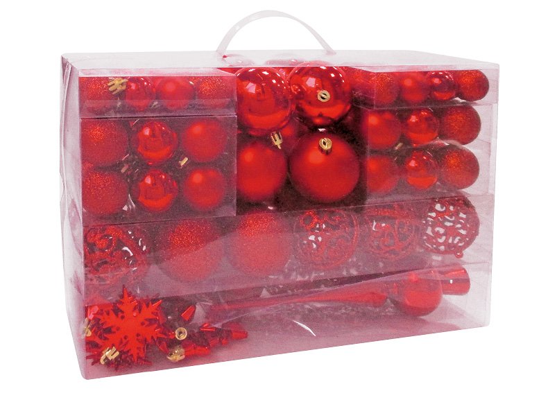 Set di palline di Natale in plastica rosse 111 pezzi, (L/H/D) 36x23x12cm Ø 3/4/6 cm