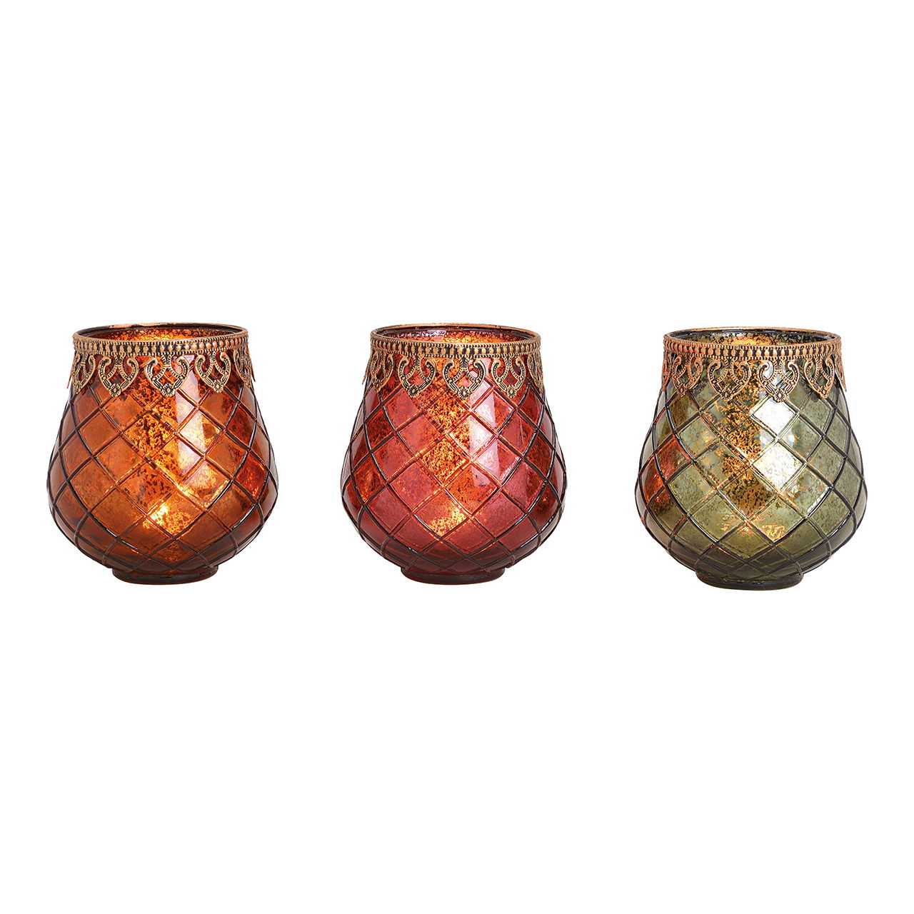 Windlicht mit Metall Rand aus Glas Braun, pink, grün 3-fach, (B/H/T) 13x14x13cm Windlicht mit Metall Rand aus Glas Braun, pink, grün 3-fach, (B/H/T) 13x14x13cm