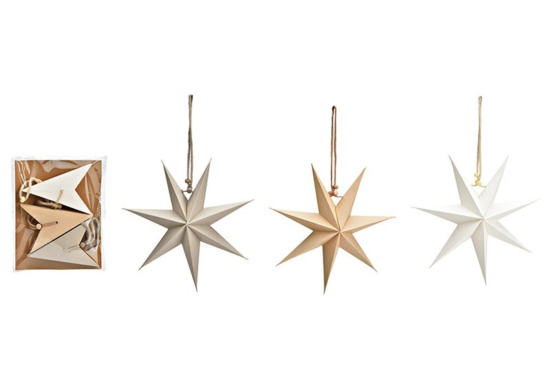 Set de 3 pendentifs de Noël étoile 7 branches, en papier/carton FSC beige, blanc, sable vert (L/H/P) 20x20x6cm