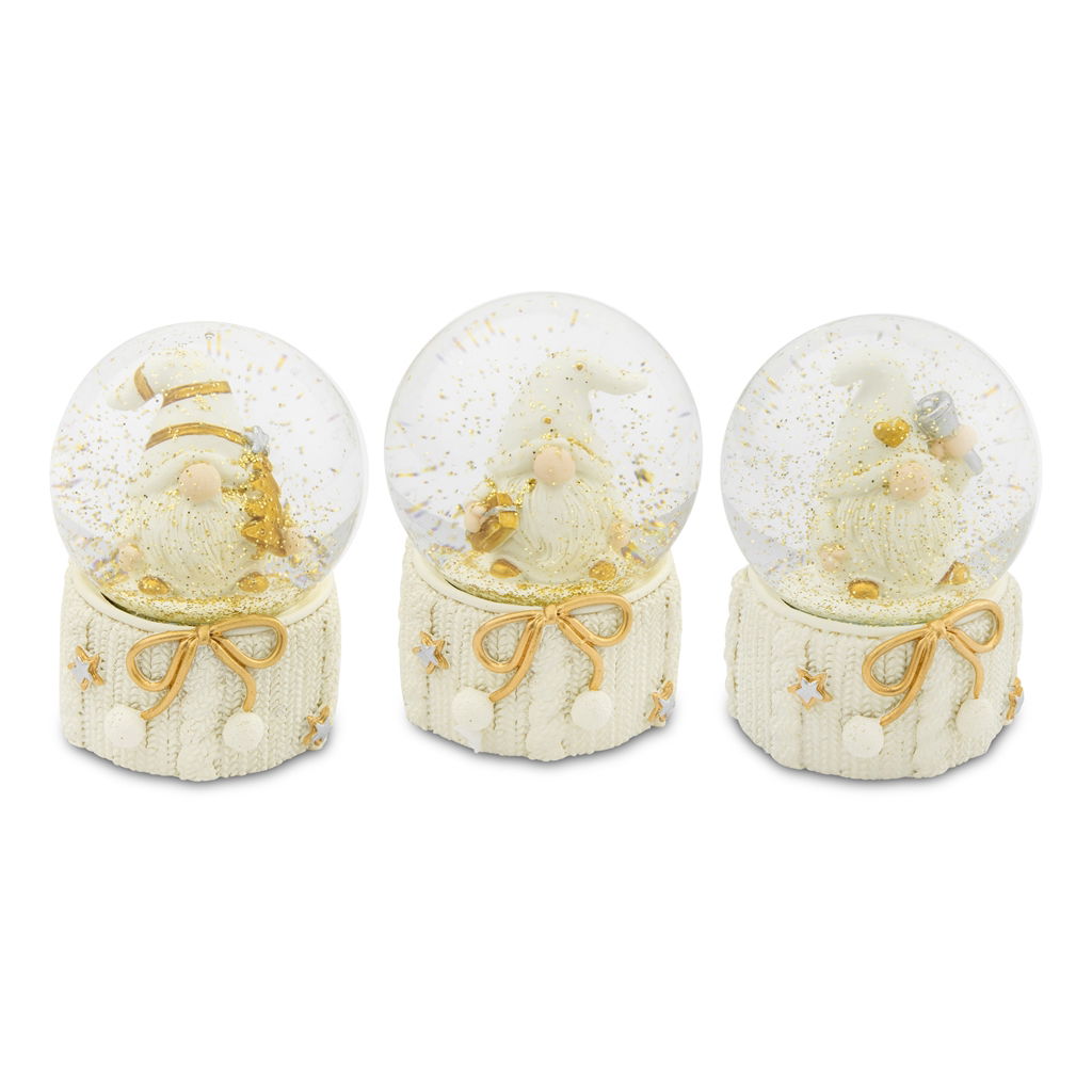 Sneeuwbol kabouter, 3 motieven assorti, poly, 4.5x4.5x6.3cm, 1 stuk, wit-goud