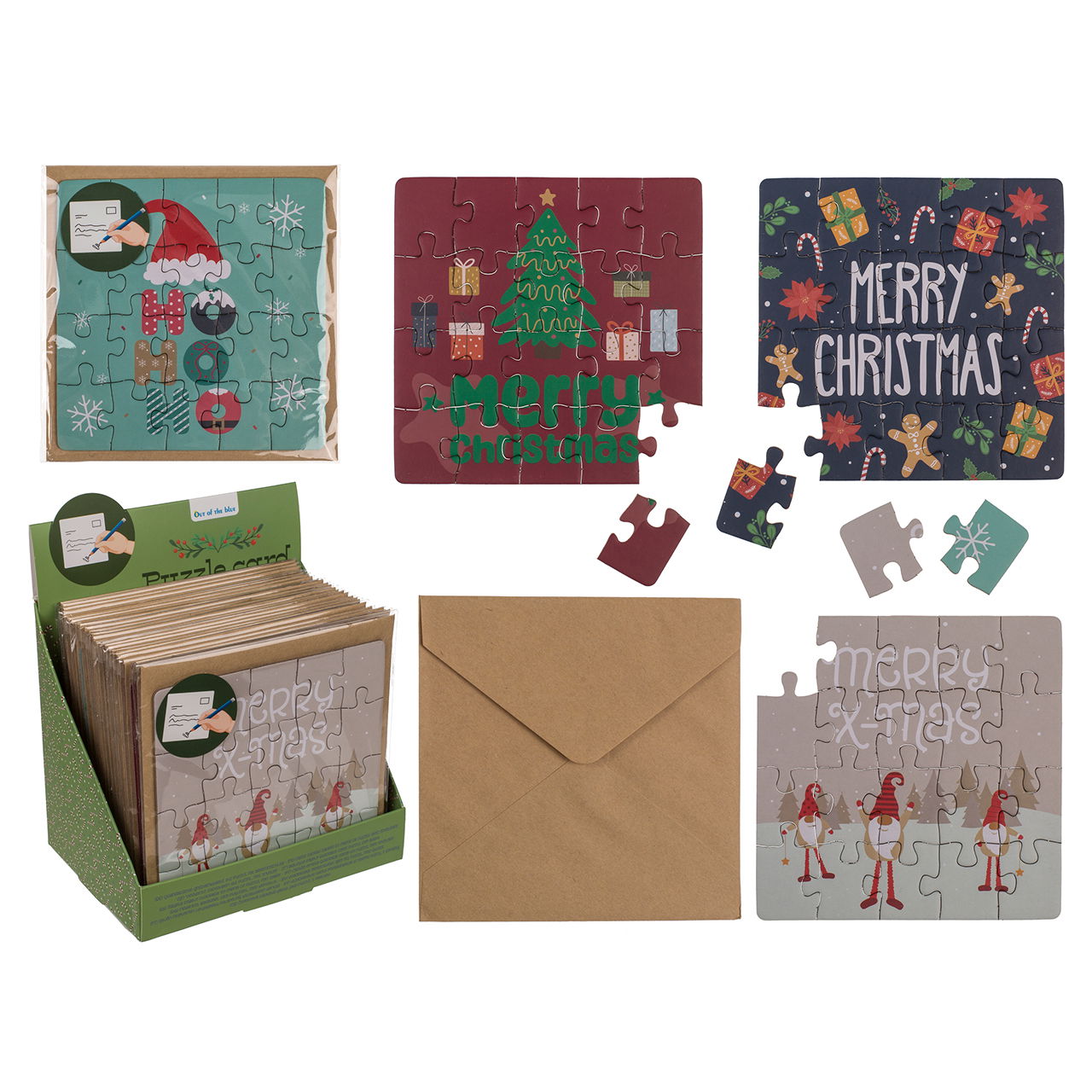 Quadratische Geschenkkarte, Puzzle, X-Mas, (20 tlg.) mit Briefumschlag im Polybeutel, 4-fach, 24er im Display Kiste, Person
