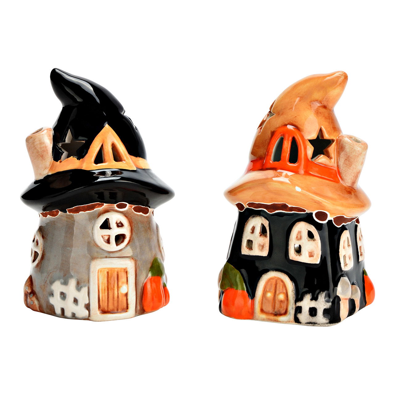 Maison de sorcière avec LED Décor Halloween en céramique, 2 fois, multicolore (L/H/P) 6x10x6cm Fonctionnement sur piles 2xLR44 non incluses