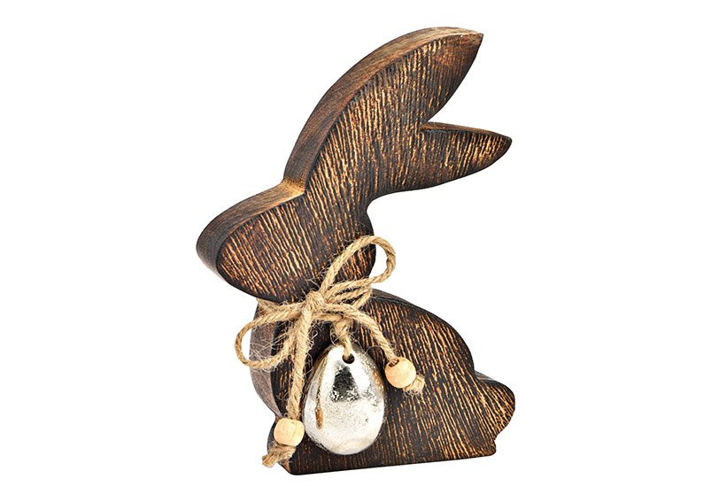 Bunny with metal egg made of mango wood brown (W/H/D) 12x15x2cm