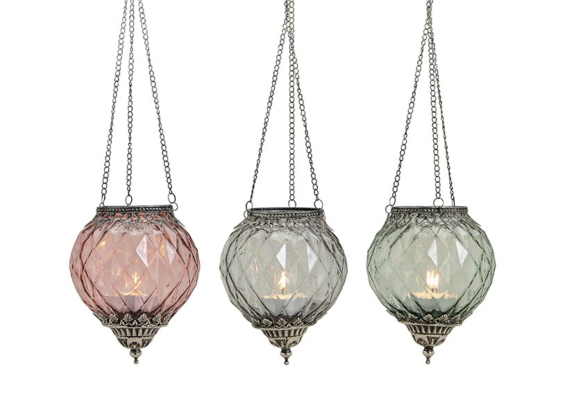 Wind light glass/metal for hanging with metal chain pink/grey/green colour 3 assorted (w/h/d) 15x19x15cm