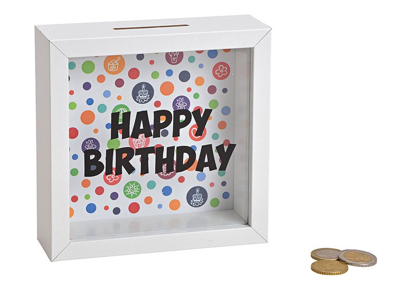 Money box, happy birthday, wood, glass, white, 15x15x5cm