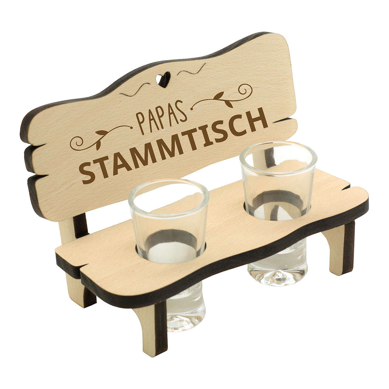 Schnapsbank mit 2 Gläsern Papas Stammtisch, aus Holz natur (B/H/T) 16x11x9cm