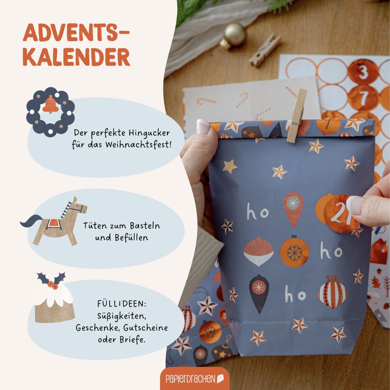 Sacchetti per il calendario dell'Avvento – Hyggewald in carta/cartoncino colorato, set da 24 pezzi (L/A/P) 19x22x2 cm Adventskalender, Geschenkverpackung, Weihnachten, Türverpackung, Papierornament