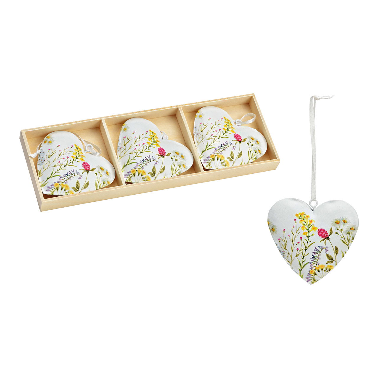 Hanger hart met bloemendecor 6x7x1cm Set van 3, van metaal wit (B/H/D) 21x7x2cm