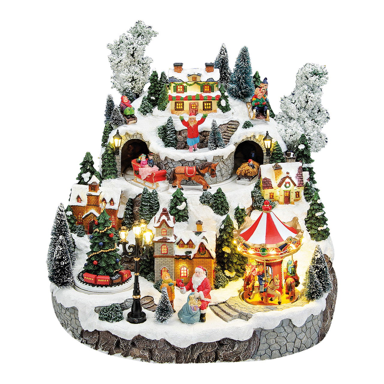 Winter scène met licht, muziek, bewegen Kerstman wagen, boom, carrousel, van poly, 33x33x32cm