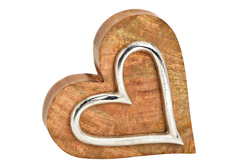 Soporte de corazón, con corazón de metal, de madera de mango natural (A/H/D) 15x15x4cm
