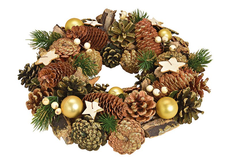Christmas wreath wood, plastic brown/gold 33x8x33cm