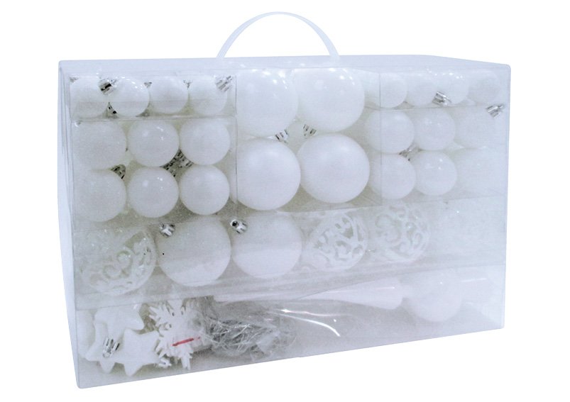 Set de boules de Noël en plastique blanc 111 pièces, (L/H/P) 36x23x12cm Ø 3/4/6 cm