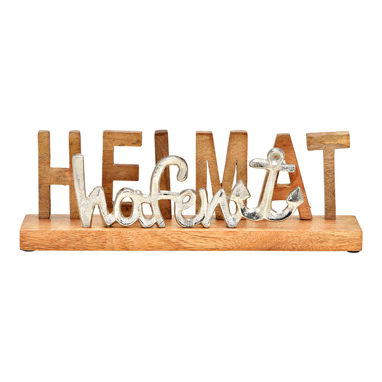 Lettering, home harbour, su base in legno di mango, in metallo argentato (L/H/D) 38x12x7cm Lettering, home harbour, su base in legno di mango, in metallo argentato (L/H/D) 38x12x7cm
