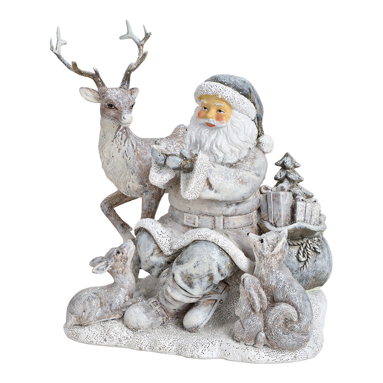 Santa scene with animals poly silver, 16x19x13cm