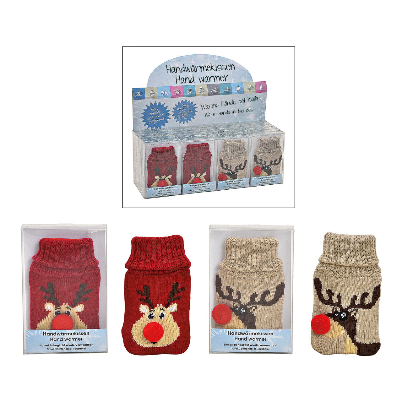 Taschenwärmer Rentier Strickbezug aus Kunststoff Rot, beige 2-fach, (B/H/T) 7x12x1cm Bekleidung, Strumpfwaren, Socke