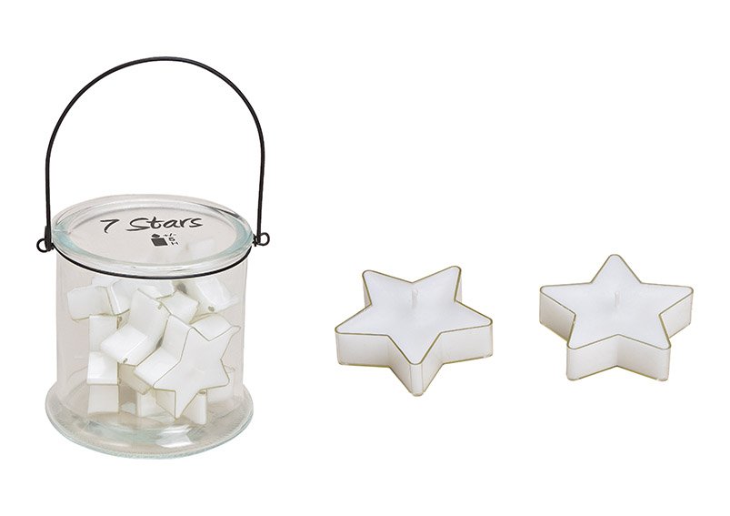 Wind light with 7 star tealights 6.5cm made of glass, white, set of 8, (w / h / d) 13x12x13cm