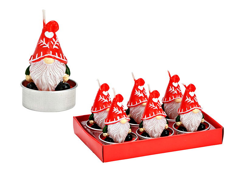 Set de bougies chauffe-plat lutin 4x7x4cm, set de 6, en cire rouge (L/H/P) 14x8x9cm